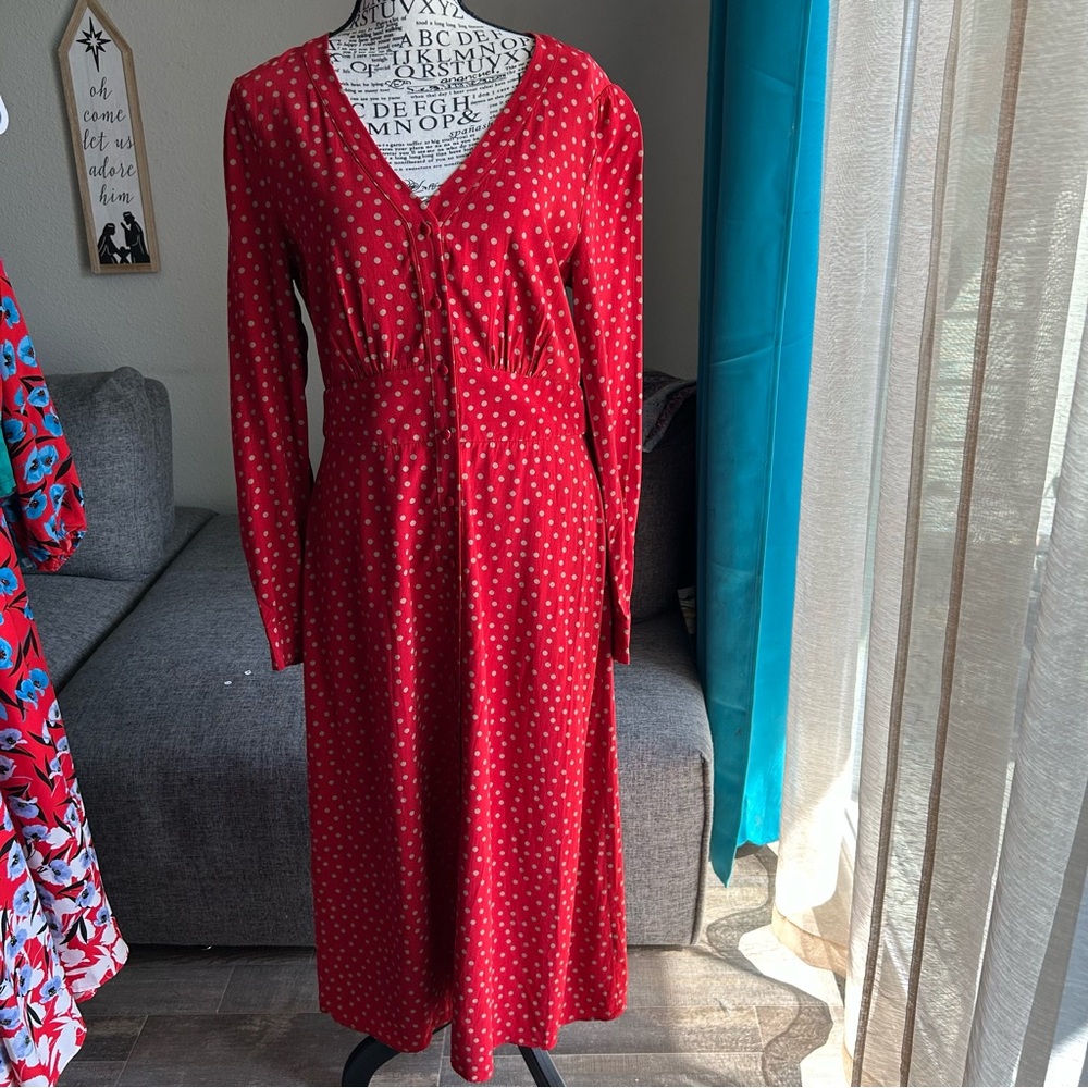 Boden Red Long-Sleeve Polka Dot Midi Dress